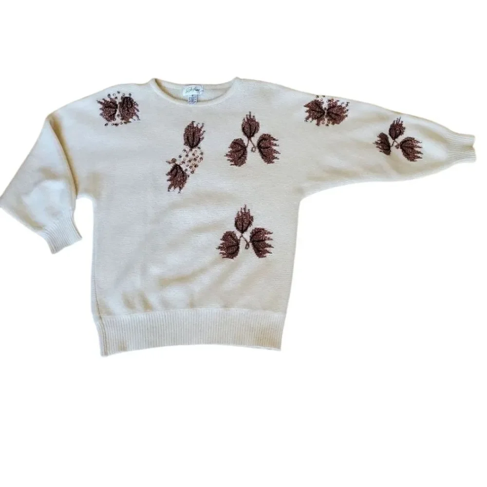 VINTAGE Destiny Women's  Lambswool &‎ Angora Sweater Fall Leaf Embroidered Sz M